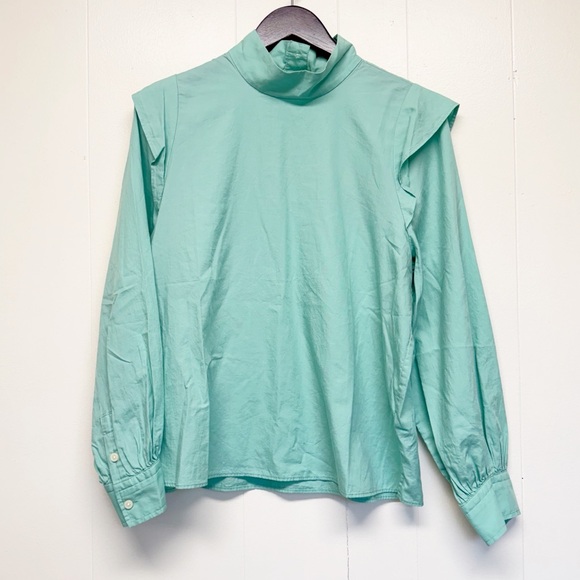 NWT EVERLANE The Wing Shoulder Mock Neck Ruffle Long Sleeve Blouse Green Size 8 - Picture 3 of 11